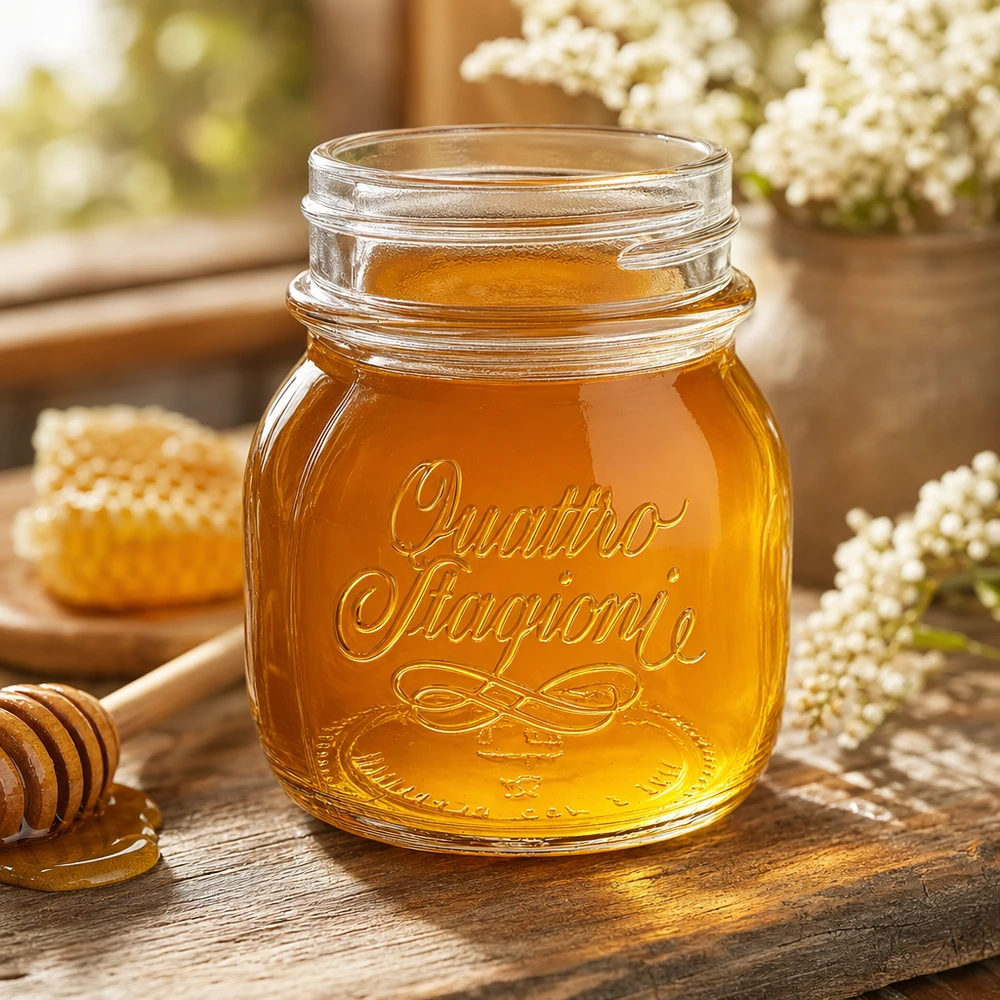 150ml huishoudglas "Quattro Stagioni" 150ml Quattro Stagioni huishoudpot gevuld met honing op een rustieke houten tafel met honingraat en bloemen