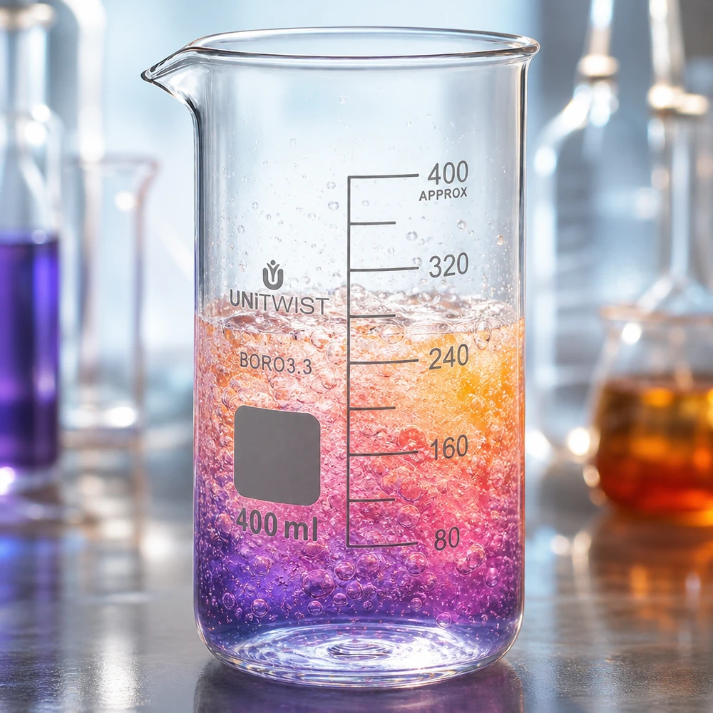 Beker 400ml borosilicaat, hoge vorm UNITWIST Chemielaboratorium bekerglas UNITWIST 400 ml, borosilicaat, hoge vorm, met paars-oranje reactiemengsel