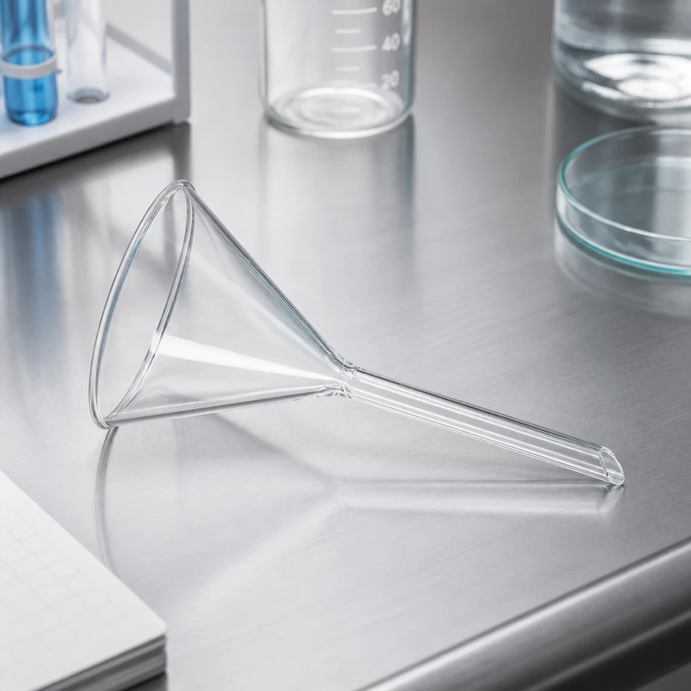 Glazen trechter Ø 100mm - kalk-soda-glas - 60° hoek Laboratoriumtrechter van kalk-sodaglas met een hoek van 60 graden en een opening van 100 mm voor nauwkeurig overgieten