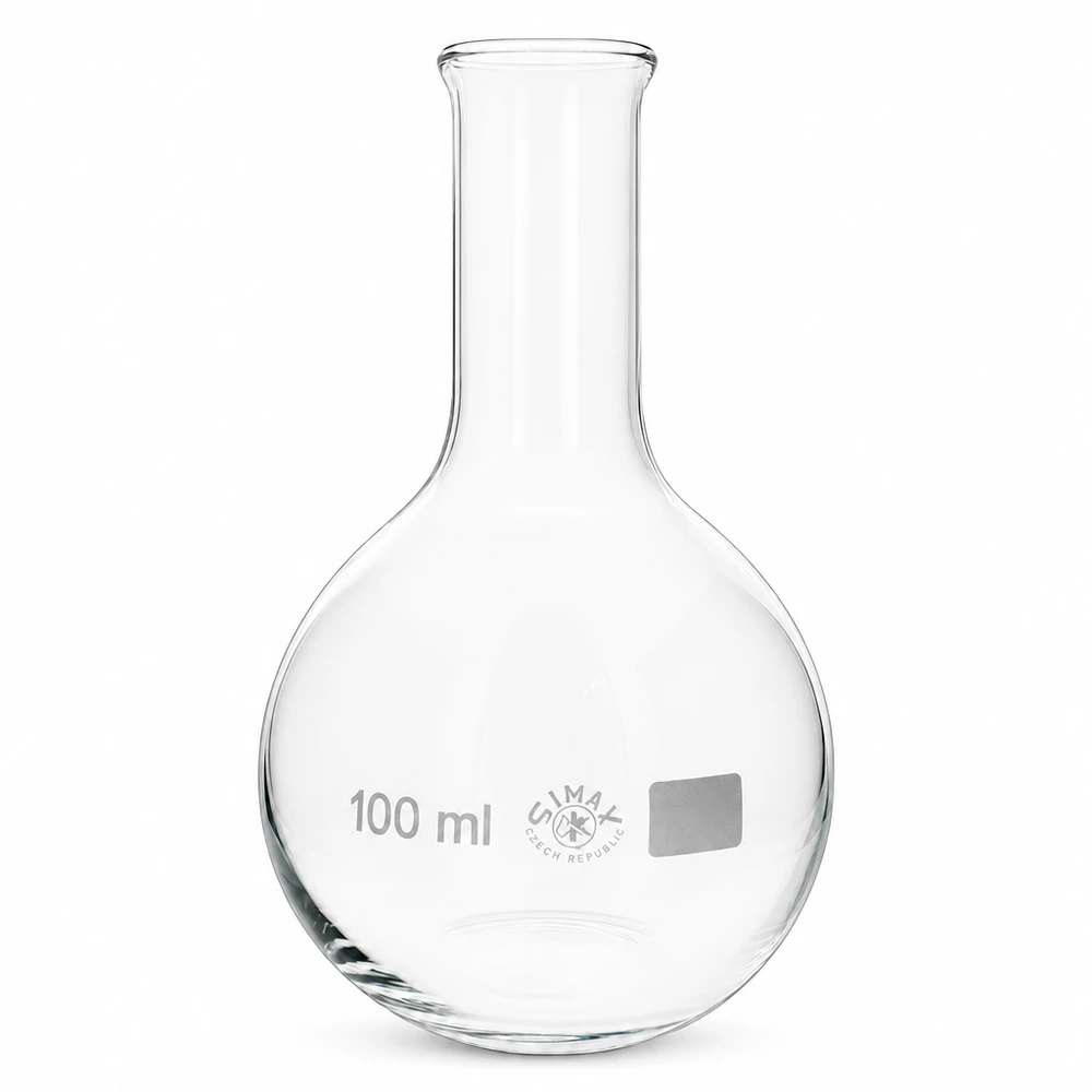 Platbodem kolf 100ml nauwe hals borosilicaat met afgeronde rand Flaconvorm met een inhoud van 100 ml en smalle tuit gemaakt van robuust laboratoriumglaswerk