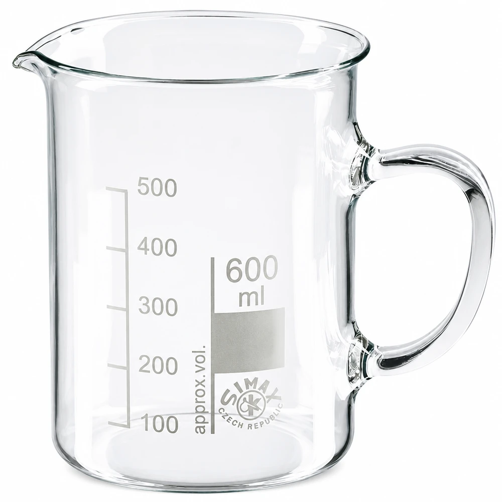 Bekerglas 600 ml van hittebestendig borosilicaatglas met handvat Cilindrische maatbeker van borosilicaatglas, 600 ml, met schenktuit en handvat