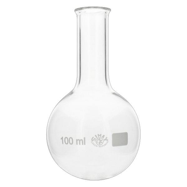 Platbodem kolf 100ml nauwe hals borosilicaat met afgeronde rand Platbodem kolf 100ml nauwe hals borosilicaat met afgeronde rand
