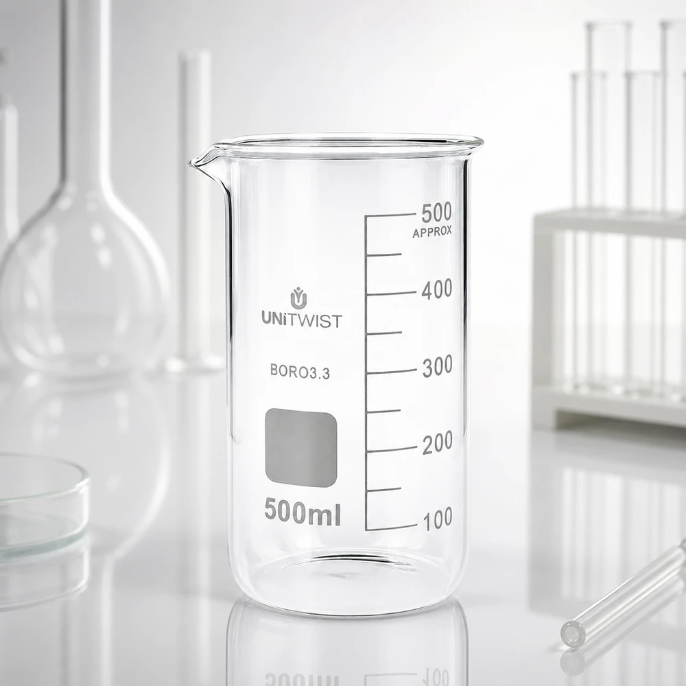 Beker 500ml borosilicaat, hoge vorm UNITWIST Professioneel laboratoriumbekerglas 500 ml UNITWIST, hoge cilindrische vorm, van helder borosilicaatglas