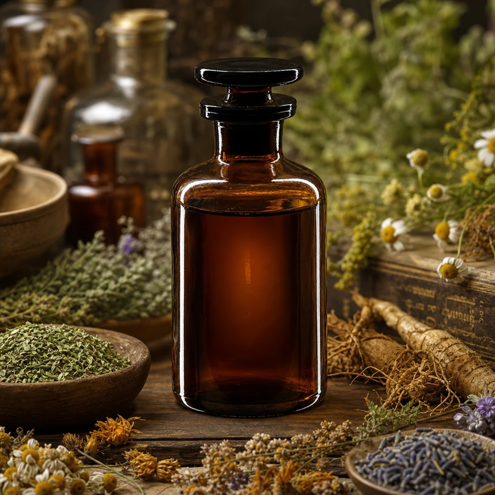Apothekersfles 50 ml nauwe hals bruin glas incl. glazen stop Vintage glazen flesje van 50 ml, bruin, met houten stop, voor plantaardige werkzame stoffen en essences