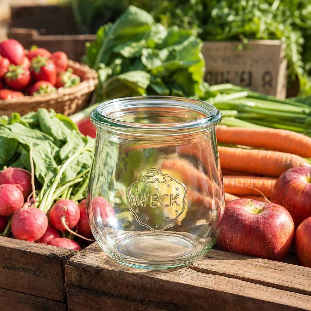 WECK tulpenpot 220ml RR60 leeg tussen verse groenten fruit op houten kist rustieke keuken sfeer