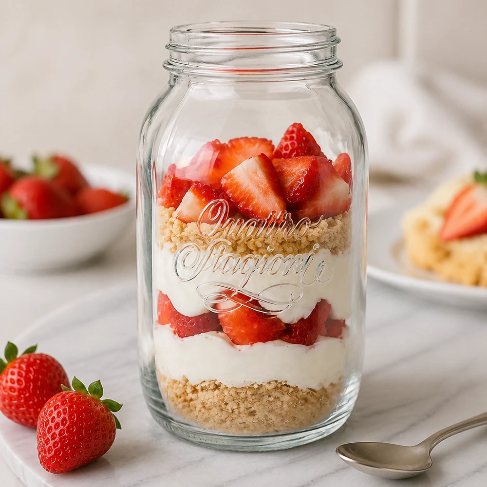 1500ml huishoudglas "Quattro Stagioni" Quattro Stagioni 1500ml Einmachglas mit Schichtdessert aus Erdbeeren und Creme - perfekt für Meal Prep und Aufbewahrung