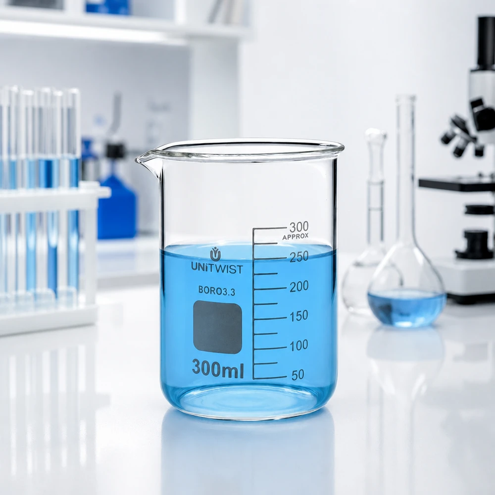 Hittebestendige bekerglas van 300 ml, laag model, met zichtbare maatschaal, voor gebruik in een laboratoriumomgeving
