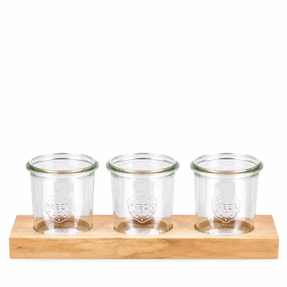 Serveerplank Plano3 met 3 Weck-glazen van 140 ml Plano3 houten serveerplank met 3 WECK 140ml bekers voor keuken en opslag