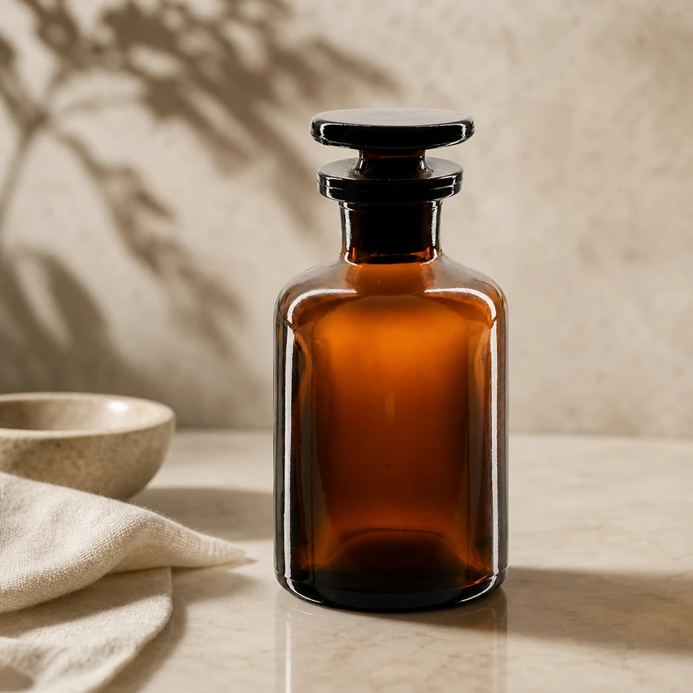 Apothekersfles 50 ml nauwe hals bruin glas incl. glazen stop Lichtbestendige fles van 50 ml met ronde schouders en smalle hals, voorzien van een glazen stop, voor parfum en essences