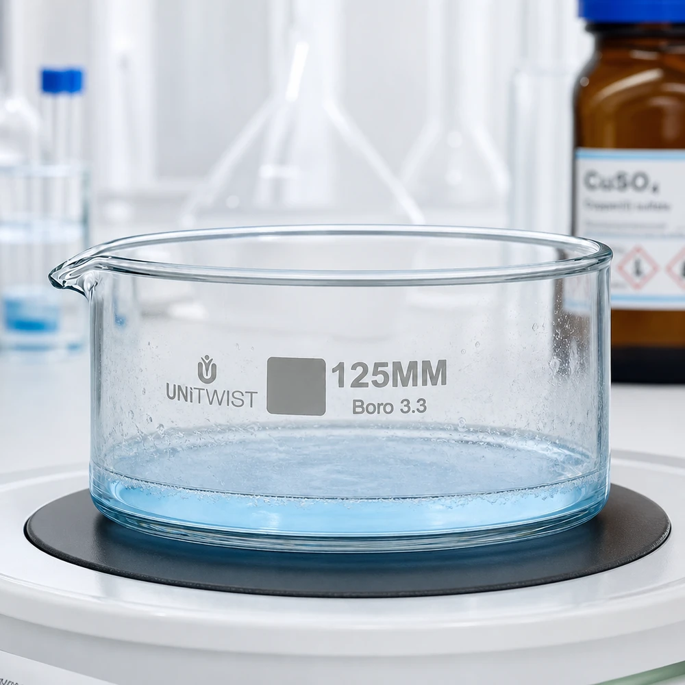 Lage, cilindrische glazen schaal UNiTWIST 125 mm met een turquoise kopersulfaatoplossing in een laboratoriumomgeving