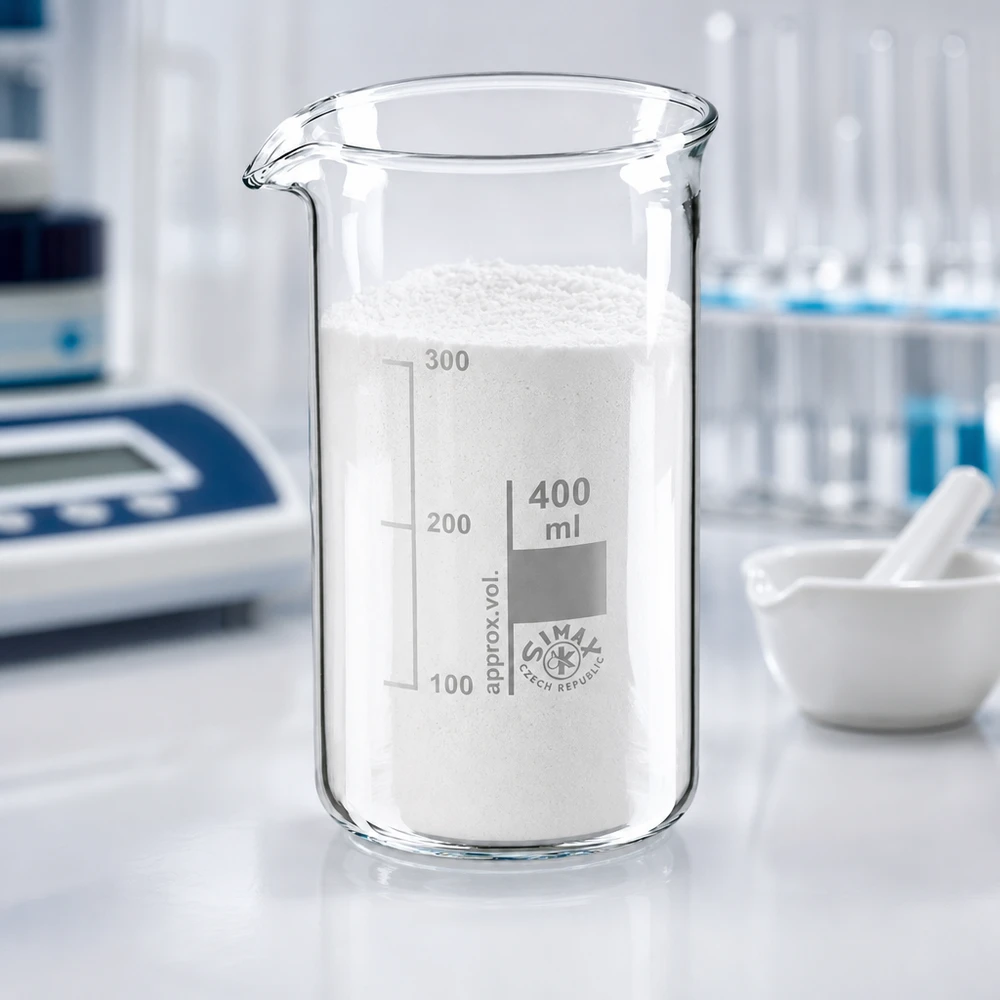 Bekerglas 400 ml van hittebestendig borosilicaatglas (hoog model) Wit poeder in een 400 ml hoge bekerglas van chemisch bestendig borosilicaatglas in het laboratorium