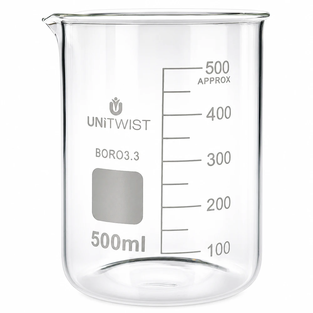 Beker 500ml borosilicaat, lage vorm UNiTWIST Chemiebeker van 500 ml, gemaakt van borosilicaatglas 3.3, laag model met ruimte voor opschriften