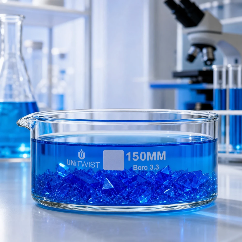 Vlakke kristallisatieschaal van borosilicaatglas UNiTWIST chemisch laboratoriummicroscoopachtergrond