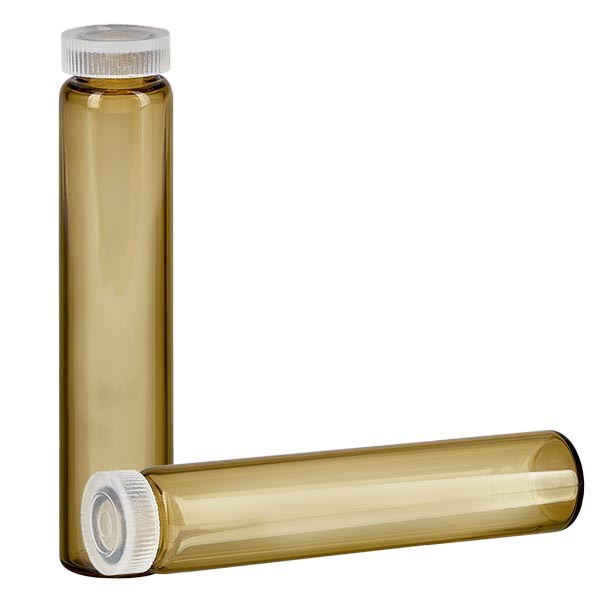 1 glazen met rolrand / essencebuisjes bruin glas 2ml