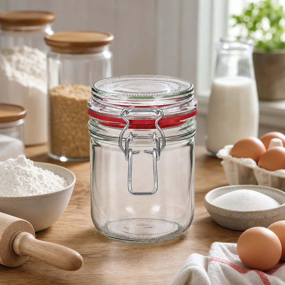 400 ml voorraadpot type G met beugelsluiting UN.. Robuuste glazen voorraadpot van 400 ml met swingtop voor moderne keukenorganisatie