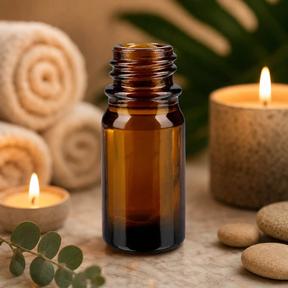Bruine glazen fles 5ml 5ml bruin apothekersflesje ApoGlas met eucalyptussteentjes en brandende kaarsen voor ontspannende aromatherapie