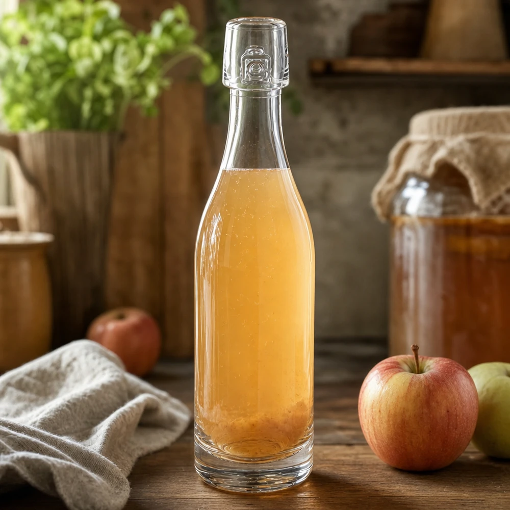 50 ml glazen fles zonder UNiTWIST mechanische sluiting 50ml glazen fles UNiTWIST gevuld met appelsap naast verse appels rustieke keuken scène houten achtergrond