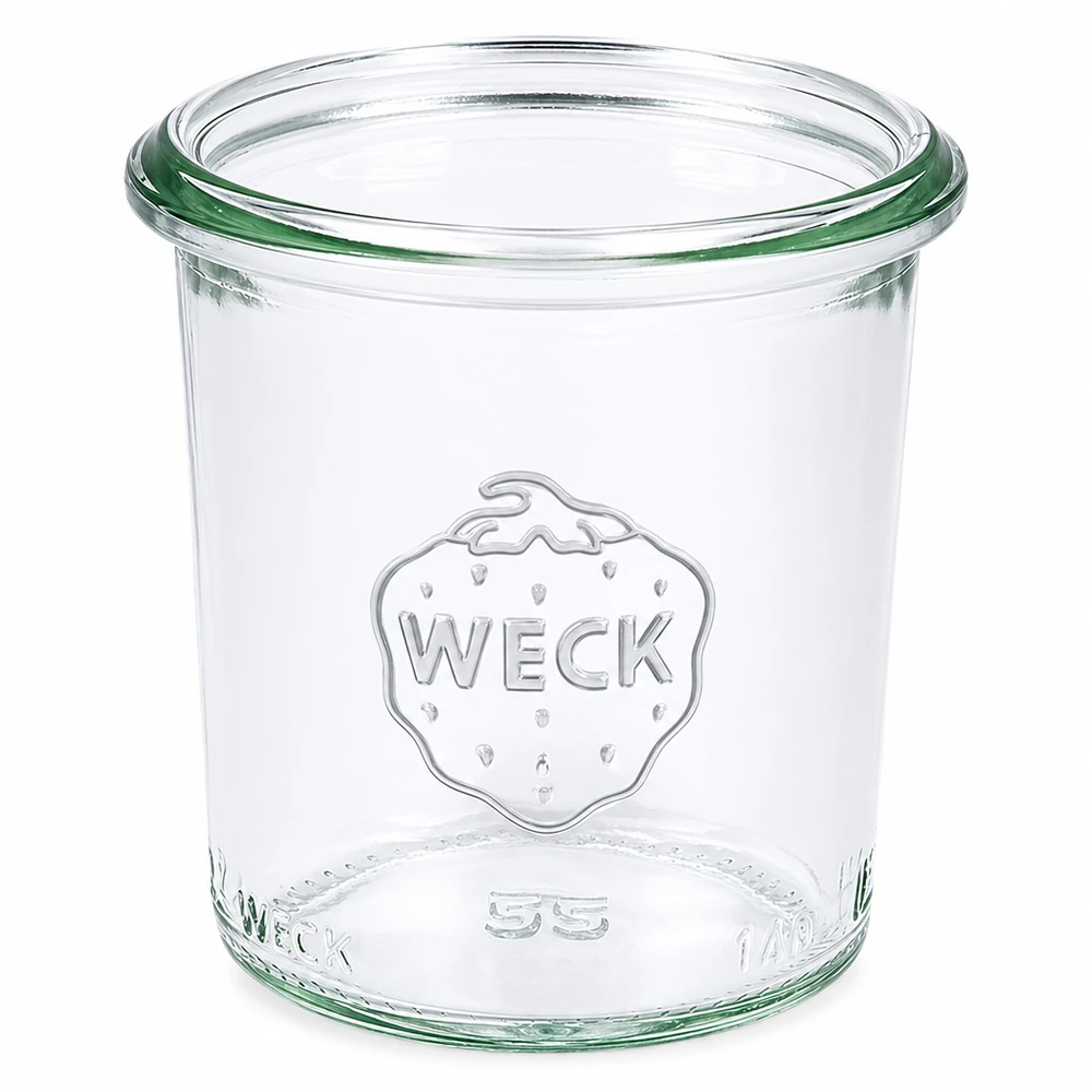 140ml stortglas WECK RR60 140ml WECK RR60 mason jar van helder glas met WECK logo en groene afsluitring voor conserveren