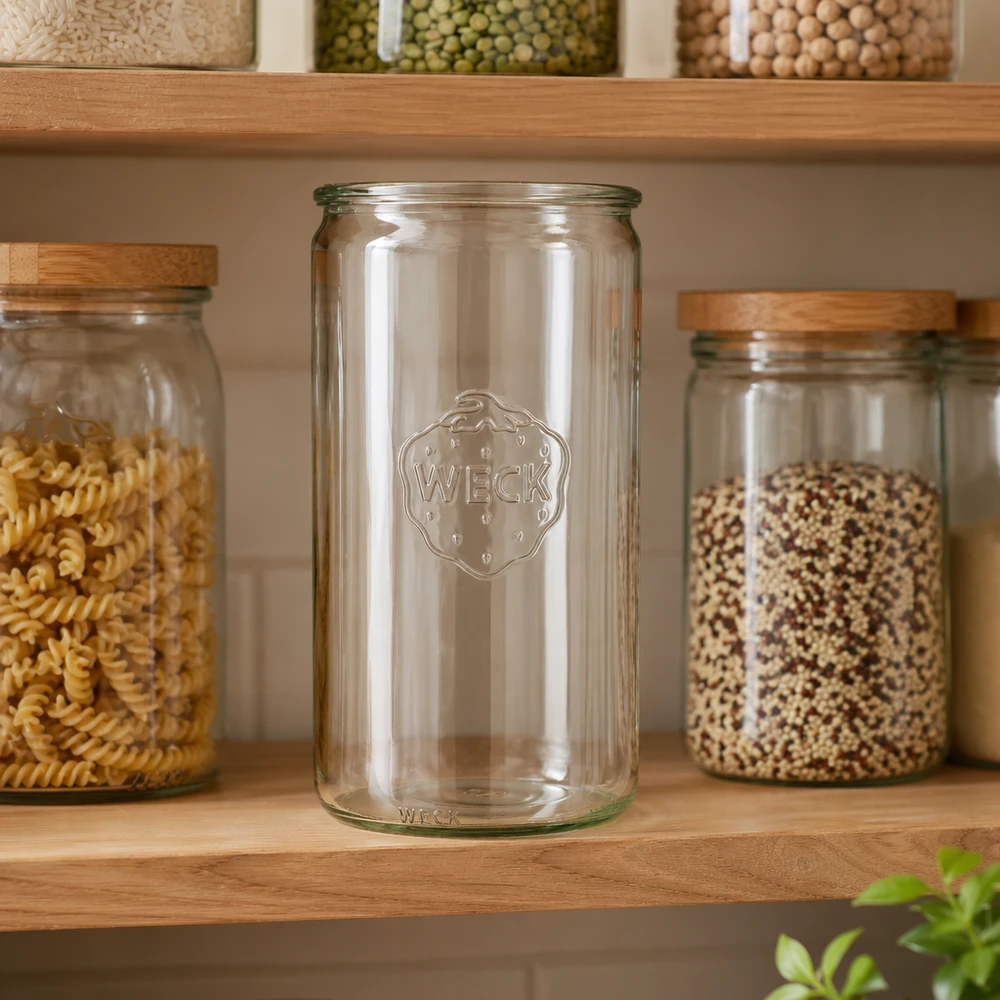 1590 ml cilindrische glazen pot WECK RR100 WECK 1590ml voorraadpot RR100 leeg in keuken tussen gevulde voorraadpotten met pasta en ontbijtgranen op houten plank