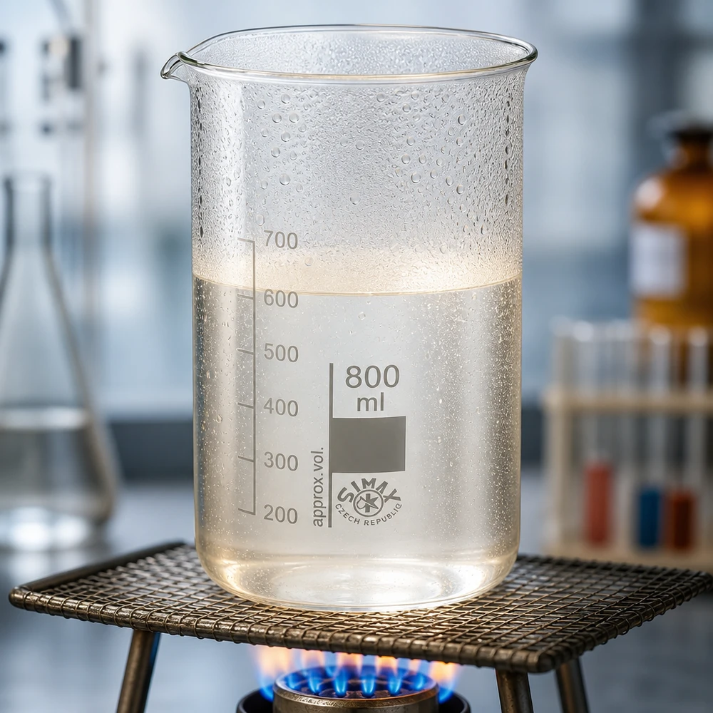 Bekerglas 800 ml van hittebestendig borosilicaatglas (hoog model) Hoog bekerglas van 800 ml met een witachtige troebelheid aan het vloeistofoppervlak bij verhitting