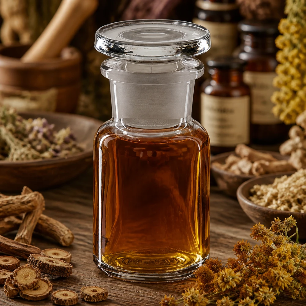 Apothekersfles 50 ml wijde hals helder glas incl. glazen stop Vintage apothekersflesje van 50 ml, helder, met brede glazen stop, in een natuurlijke kruidenomgeving