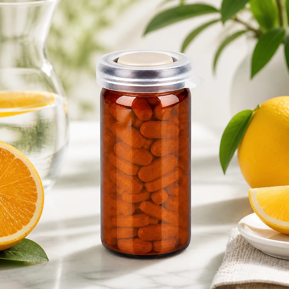 Compact apothekersglas van 10 ml, bruin, met doorzichtige deksel en droogmiddelinzetstuk