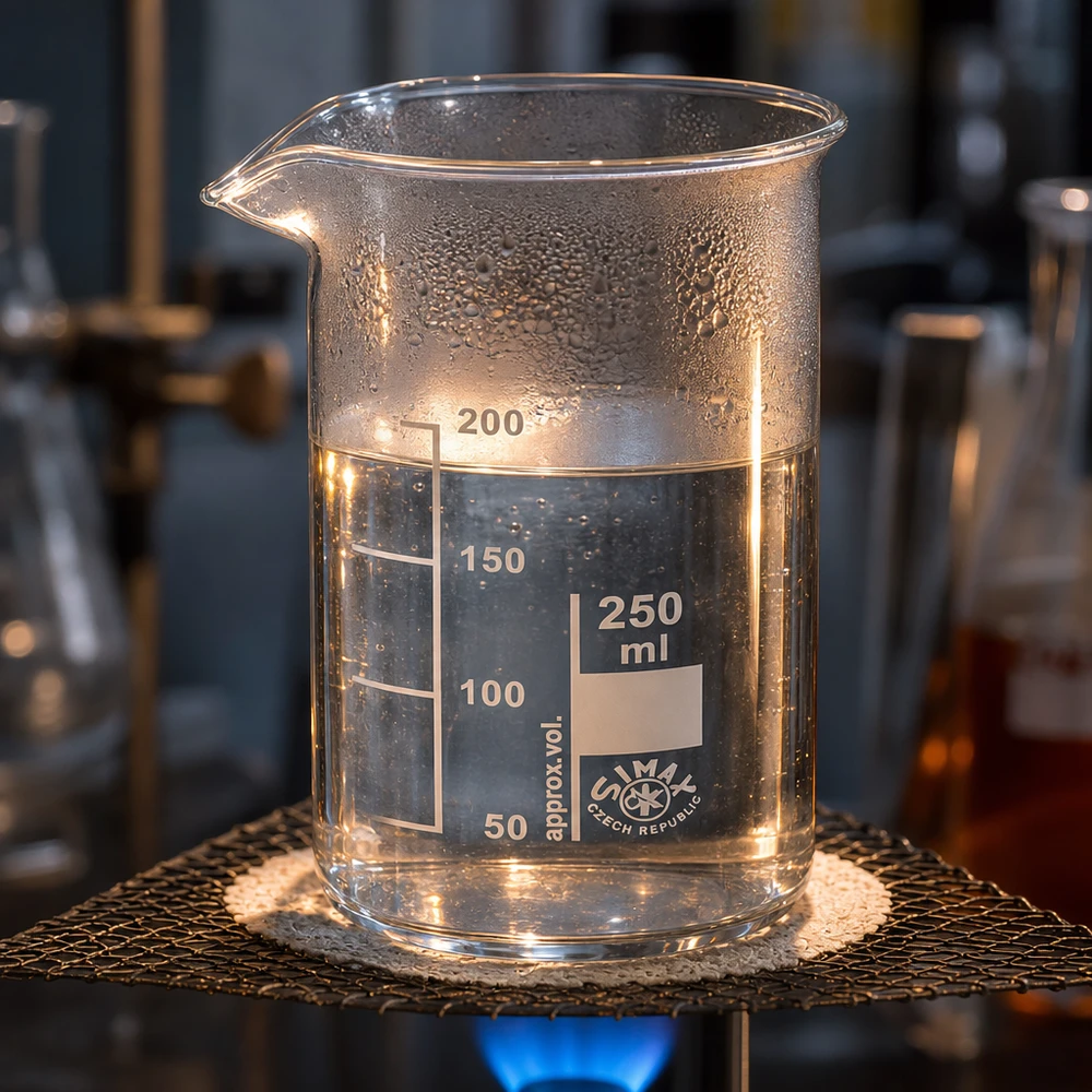 Bekerglas 250 ml van hittebestendig borosilicaatglas (hoog model) Doorzichtig laboratoriumbekerglas van 250 ml, Simax-borosilicaatglas, tijdens een verwarmingsproef