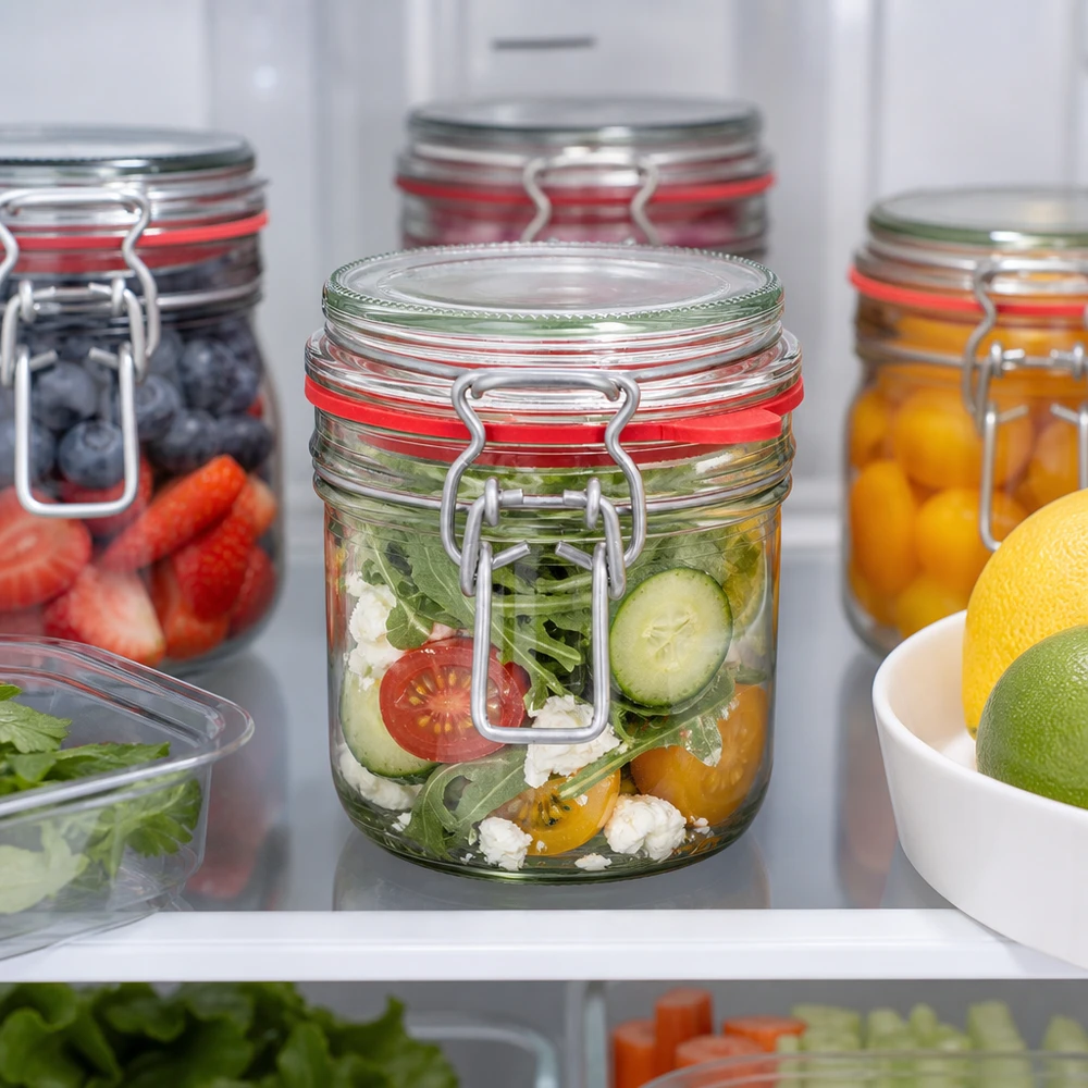 255 ml voorraadpot type G met beugelsluiting UN.. 255ml Vorratsglas mit Bügelverschluss im Kühlschrank mit frischem Salat gefüllt neben anderen Meal-Prep-Gläsern