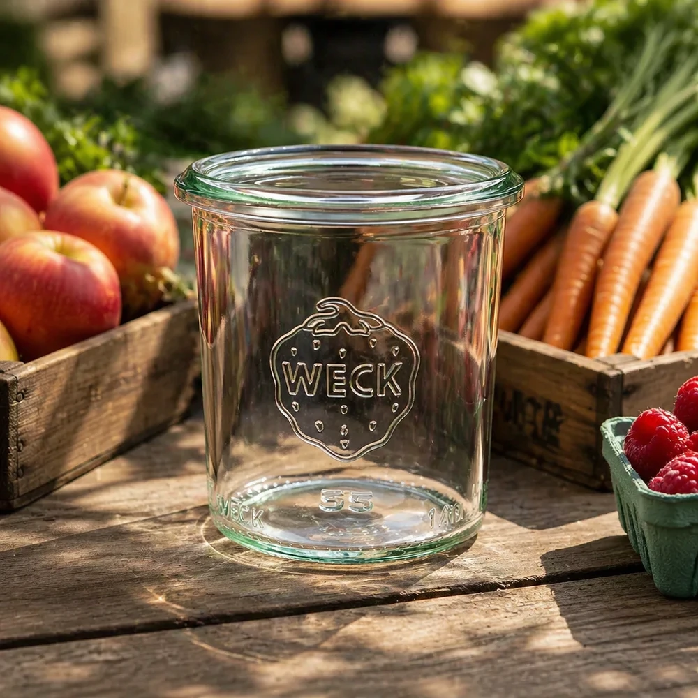 140ml stortglas WECK RR60 140ml inmaakpot WECK RR60 op een houten tafel met vers fruit en groenten op de achtergrond