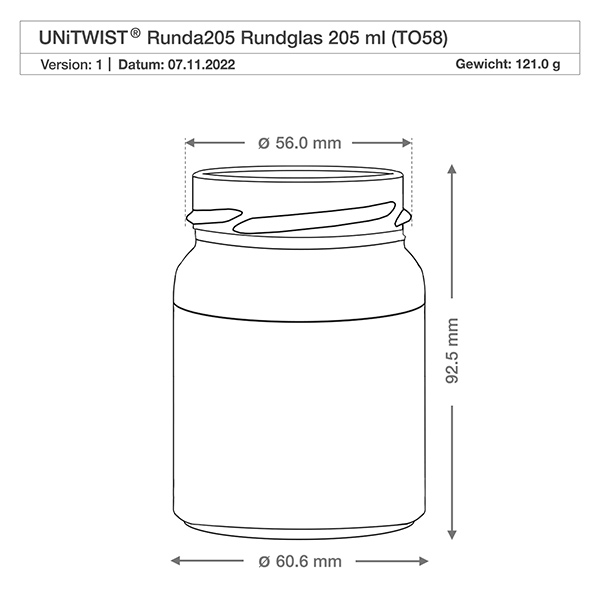 Technische tekening UNiTWIST Runda205 rond glas 205ml TO58 met afmetingen Diameter 56mm Hoogte 92,5mm Gewicht 121g