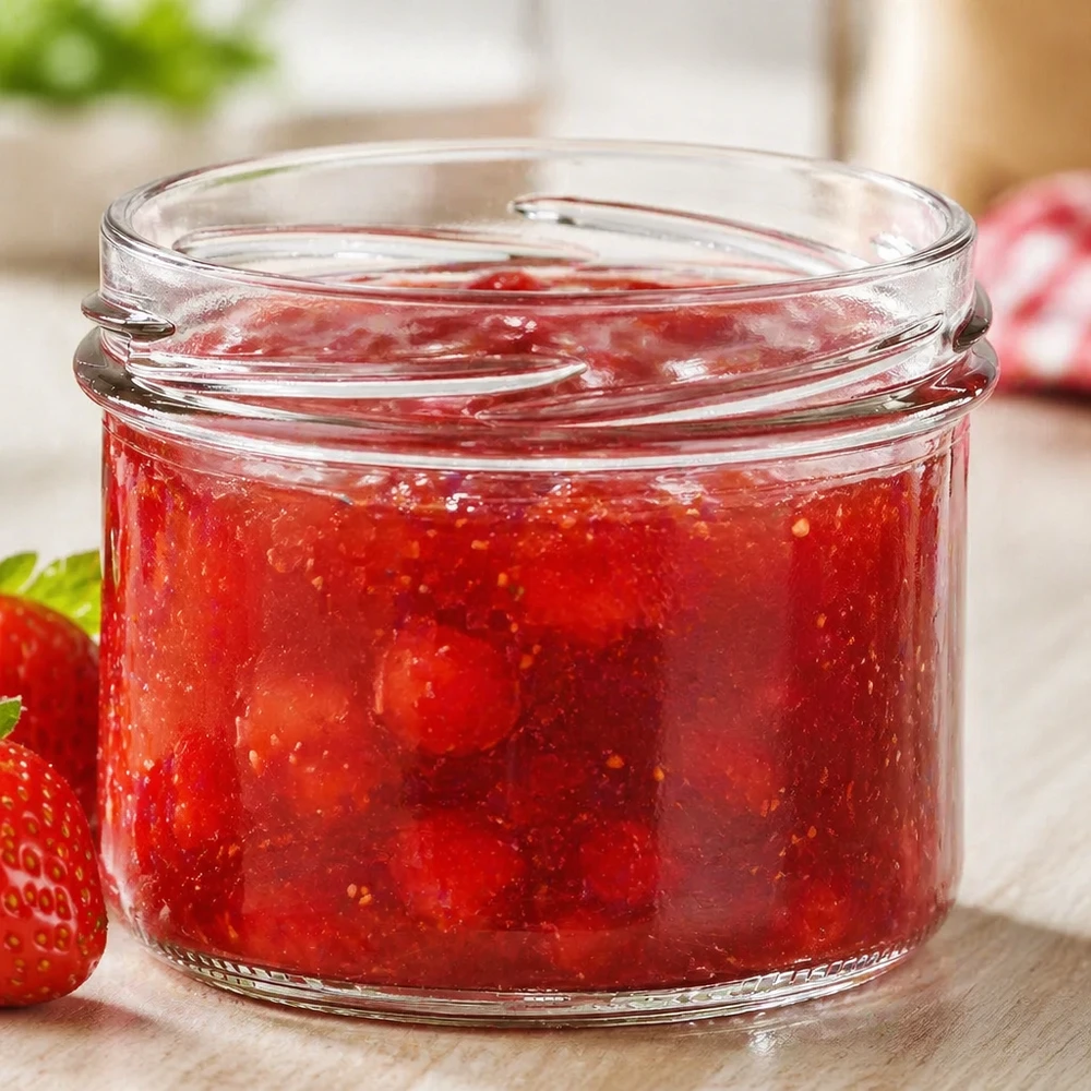 UNiTWIST Sturz225 - bekers inhoud 225ml TO82 UNiTWIST Sturz225 bekers 225ml TO82 gevuld met rode aardbeienjam op een houten tafel met verse aardbeien