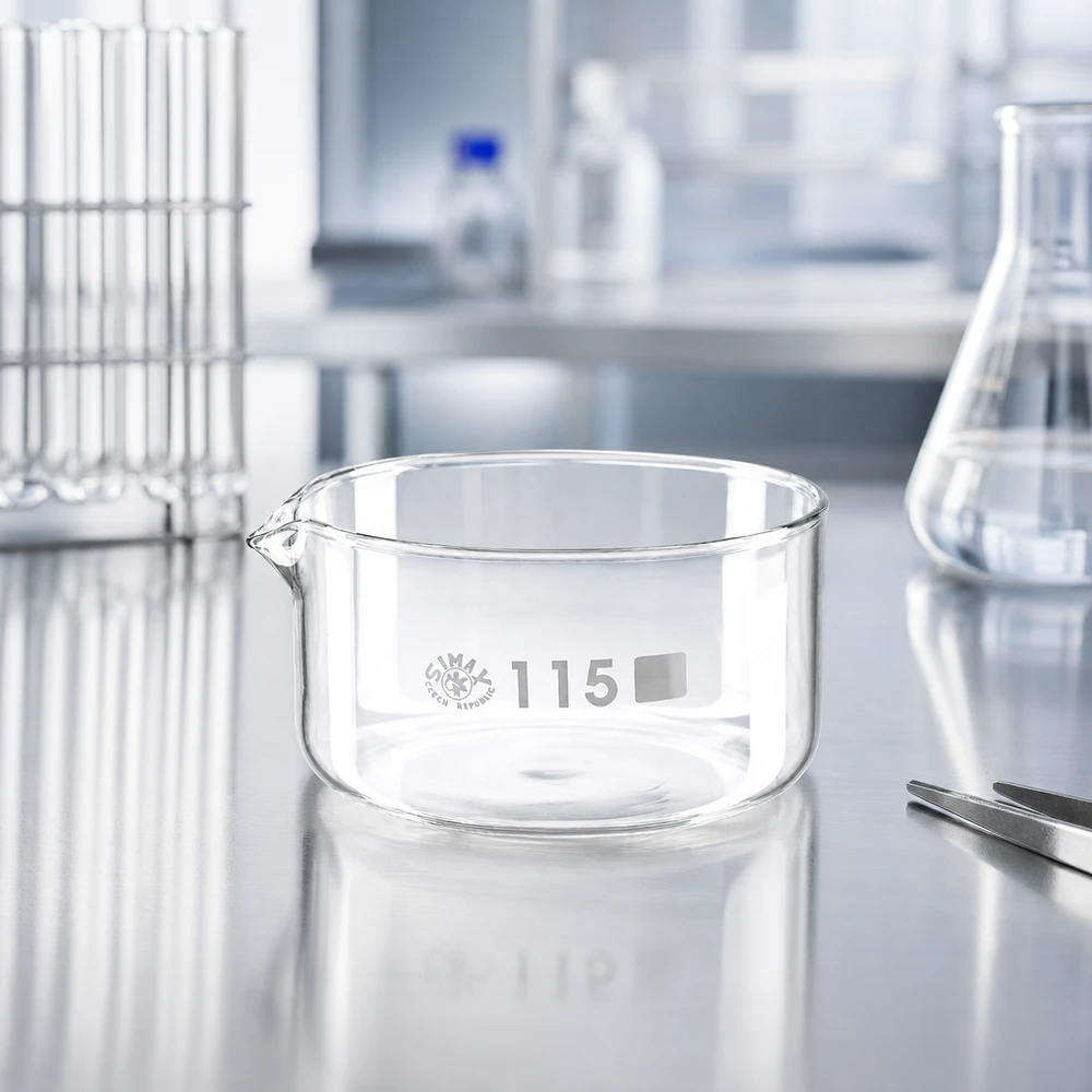 Cilindrische glazen schaal van 500 ml met kleine uitgietopening voor chemische verdamping, borosilicaatglas SIMAX