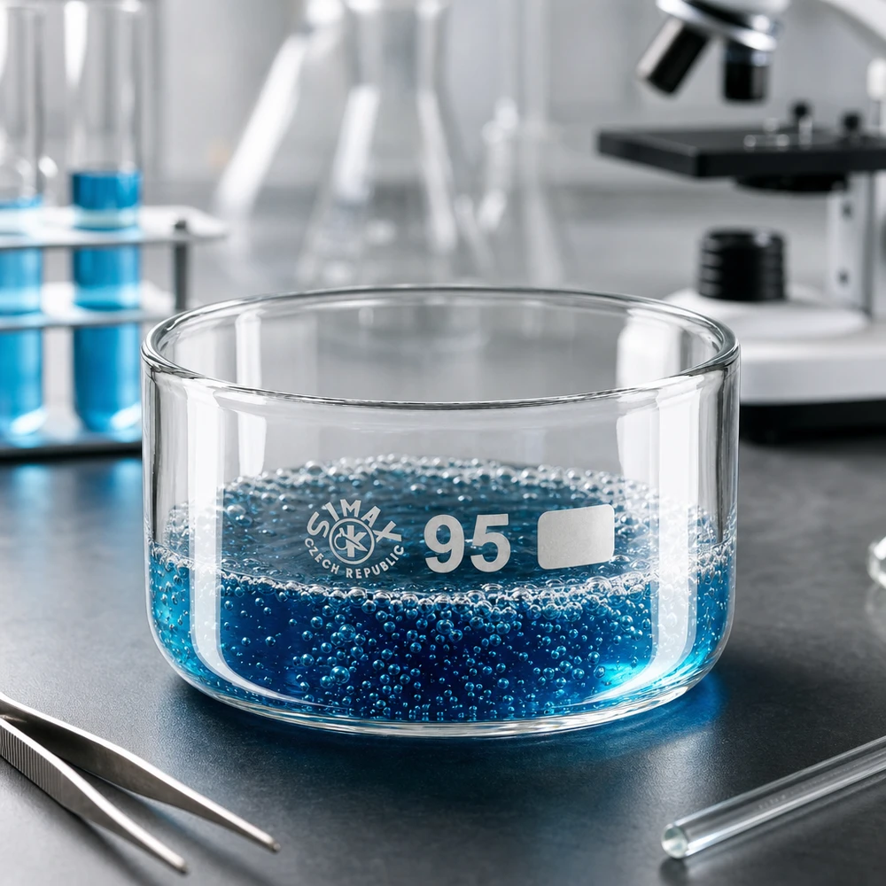 Cilindrische laboratoriumglasbak 95 mm Simax Tsjechië blauwe oplossing reageerbuisjes achtergrond