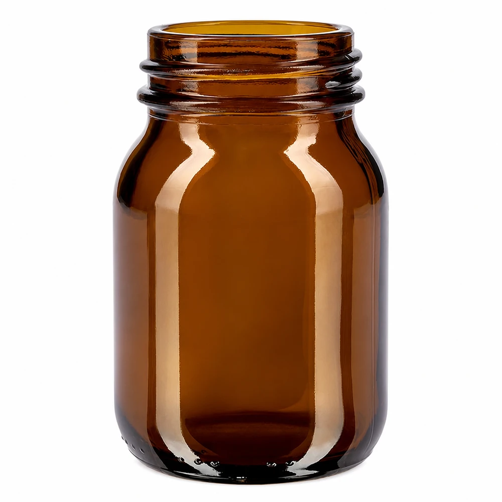 75ml amberkleurig glazen flesje met wijde hals en DIN 40 afwerking 75 ml fles met wijde hals van amberkleurig glas met DIN 40 schroefdraad voor farmaceutische toepassingen