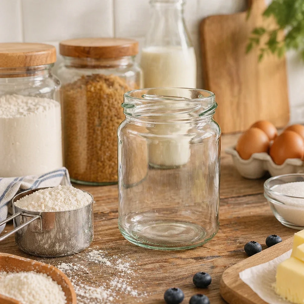 205ml rond glas zonder deksel (TO58) UNiTWIST UNiTWIST Runda205 ronde pot 205ml TO58 inmaakpot leeg op houten plank met keukengerei en ingrediënten