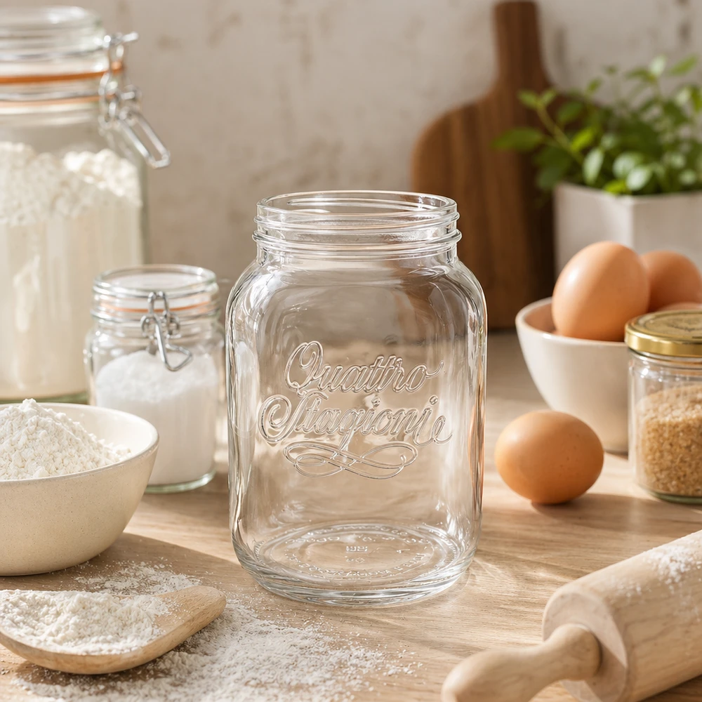 3000ml huishoudglas "Quattro Stagioni" Quattro Stagioni huishoudglas 3000ml transparant op houten tafel met keukengerei eieren en bloem