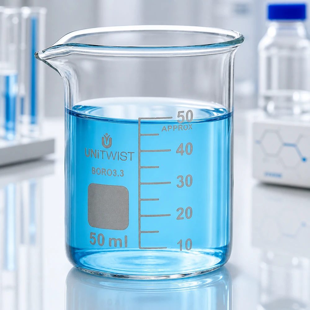 Doorzichtig borosilicaat bekerglas van 50 ml, laag model UNiTWIST, gevuld met blauwe chemische stof