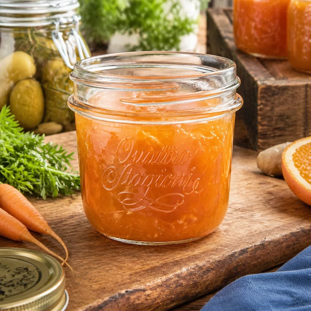 200 ml "Quattro Stagioni" juwelenglas 200 ml Quattro Stagioni inmaakpot met sinaasappelmarmelade op een houten plank naast wortels en komkommer