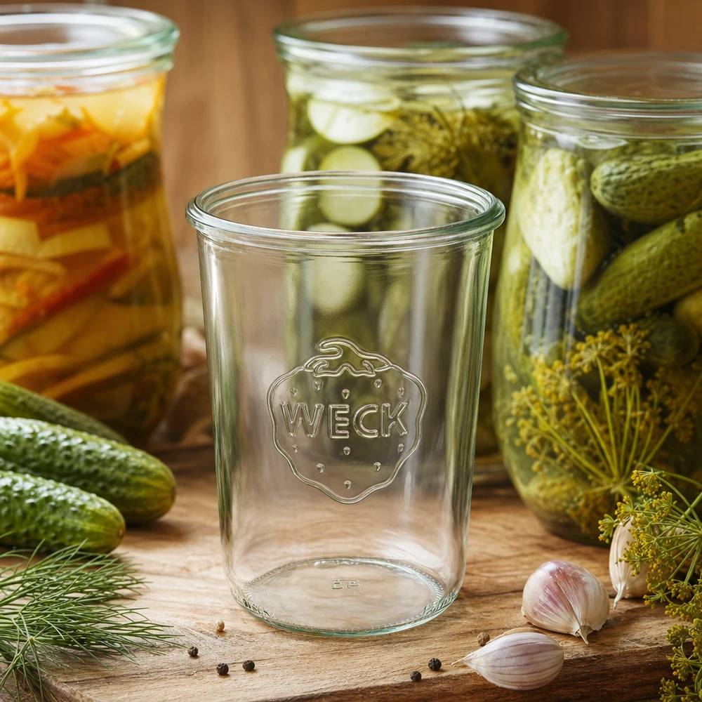 Lege 850 ml WECK RR100 metselpot voor ingemaakte augurken en groenten in gevulde metselpotten op een houten basis