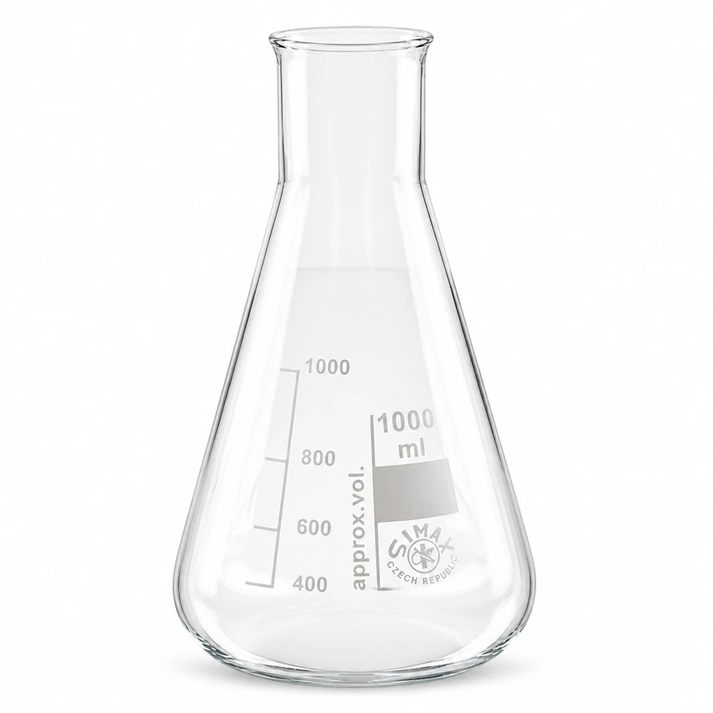 Erlenmeyer 1000ml wijde hals borosilicaat met afgeronde rand Erlenmeyer 1000ml wijde hals borosilicaat met afgeronde rand