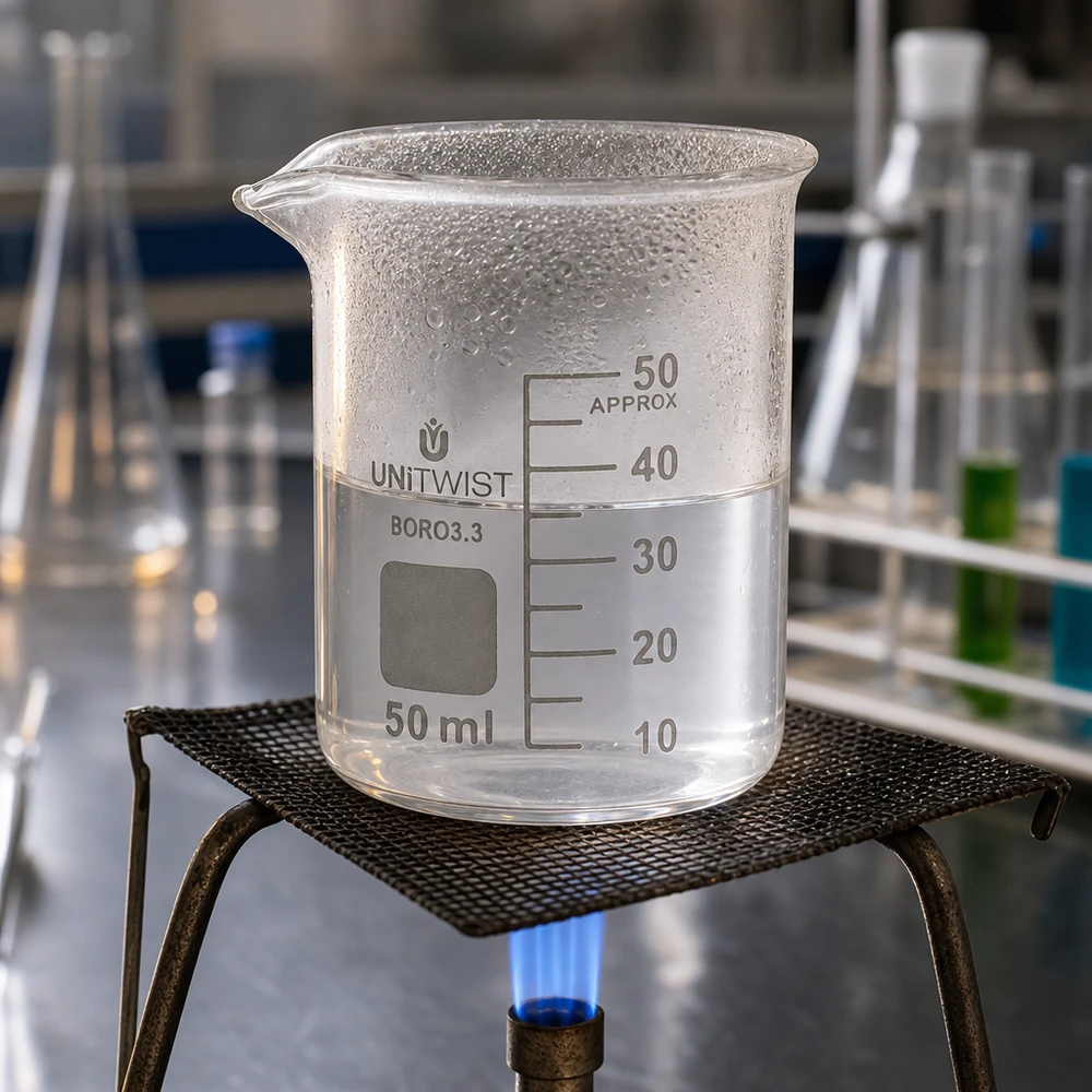 Doorzichtig bekerglas van 50 ml, borosilicaat, UNiTWIST, met tuit, verwarmd op een laboratoriumbrander