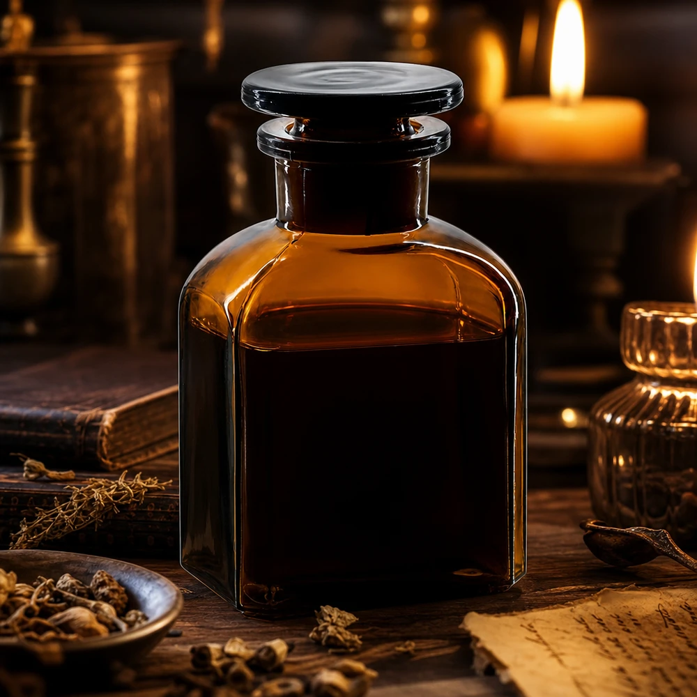 Vierkant-apothekersfles 150 ml wijde hals bruin glas incl. glazen stop Historische apothekersfles van bruin glas, 150 ml, vierkant, met een grote glazen stop
