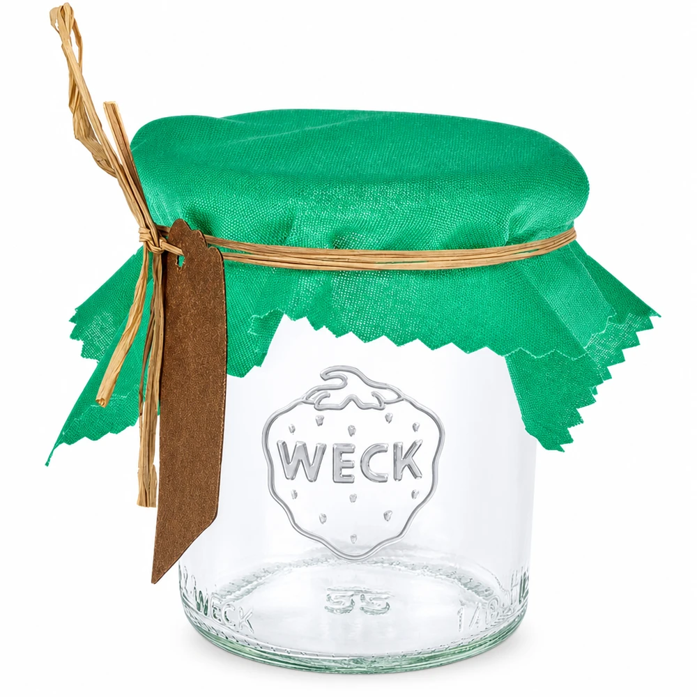 Stoffen lapje voor deksel groen 12cm hoekig Groene stoffen doily 12cm vierkant op pot met elastiek en bruine hanger als een jampot doily