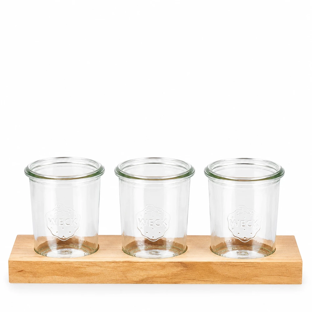Plano3 houten serveerplank met drie Weck 160 ml bekers voor dipsausjes, specerijen en snacks