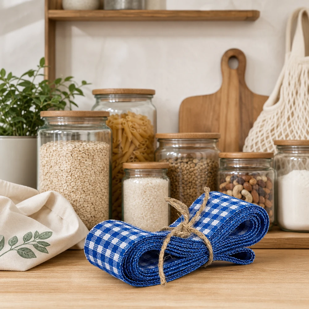 Geruit stoffen lint blauw wit 300cm met jute koord op houten aanrecht tussen voorraadpotten en keukengerei