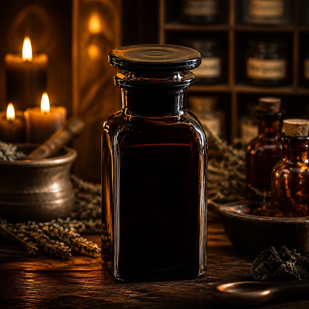 Vierkant-apothekersfles 100 ml wijde hals bruin glas incl. glazen stop Vintage apothekersflesje van 100 ml, rechthoekig, van bruin glas, met glazen stop, tussen gedroogde kruiden