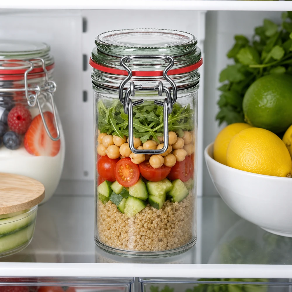 272 ml voorraadpot type G met beugelsluiting UN.. Voorraadpot 272ml met draaidop gevuld met salade quinoa kikkererwten tomaten komkommer in koelkast