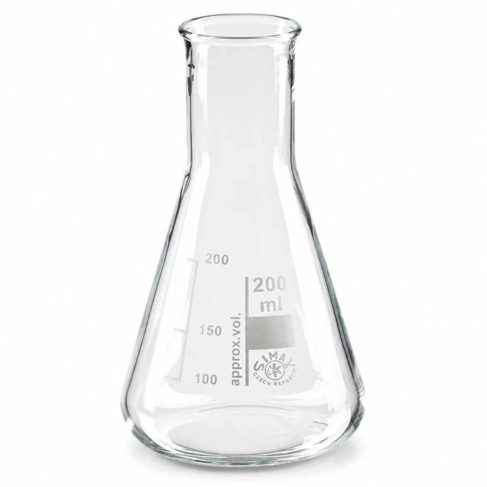 Erlenmeyer 200ml nauwe hals borosilicaat met afgeronde rand Erlenmeyer 200ml nauwe hals borosilicaat met afgeronde rand