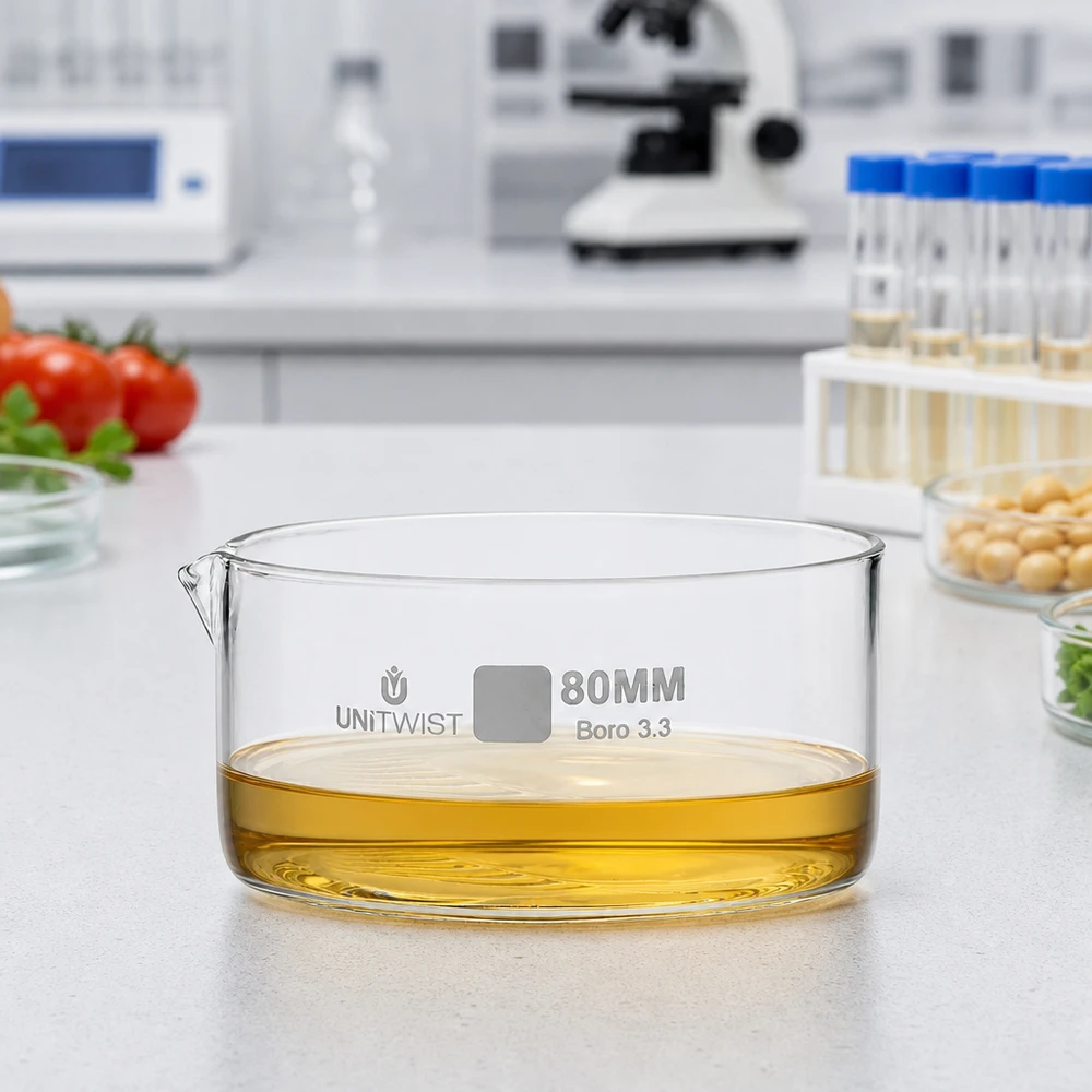 Kristalliseer schaal ø80mm borosilicaatglas UNiTWIST Lage kristallisatieschaal van hittebestendig borosilicaatglas, 80 mm, met schenktuit UNiTWIST