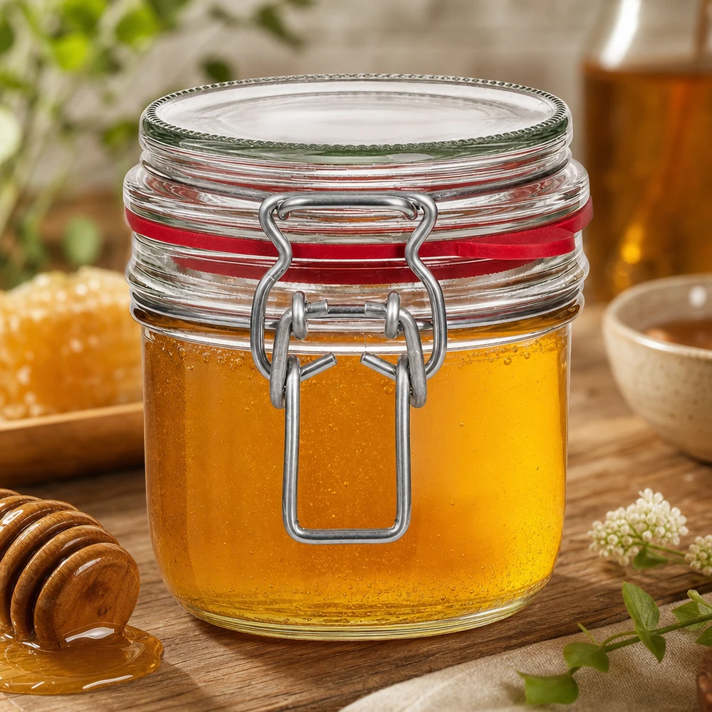255 ml voorraadpot type G met beugelsluiting UN.. 255ml Einmachglas mit Bügelverschluss gefüllt mit goldenem Honig neben Honiglöffel auf natürlichem Holztisch